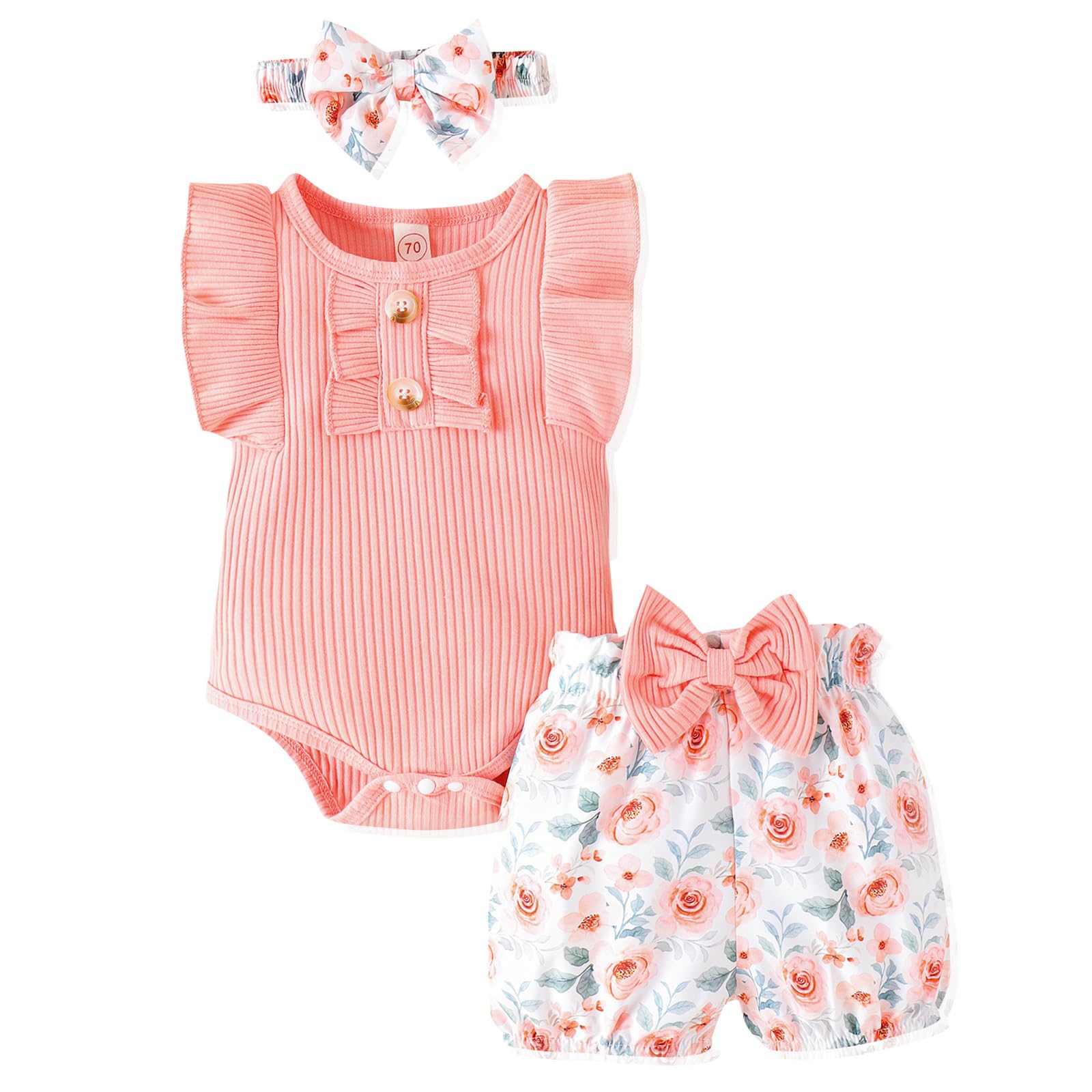 LUNFEGO Newborn Baby Girl Clothes Outfits Ruffle Romper and Short Pants with Headband Infant Bodysuits for Baby Girls 12-18 Months - Pink
