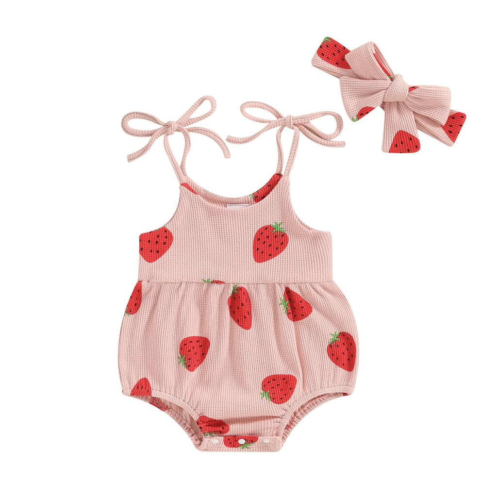Engofs Newborn Baby Girl Summer Clothes Sleeveless Romper with Headband Boho Outfits Bodysuit Pink 6-12 Months