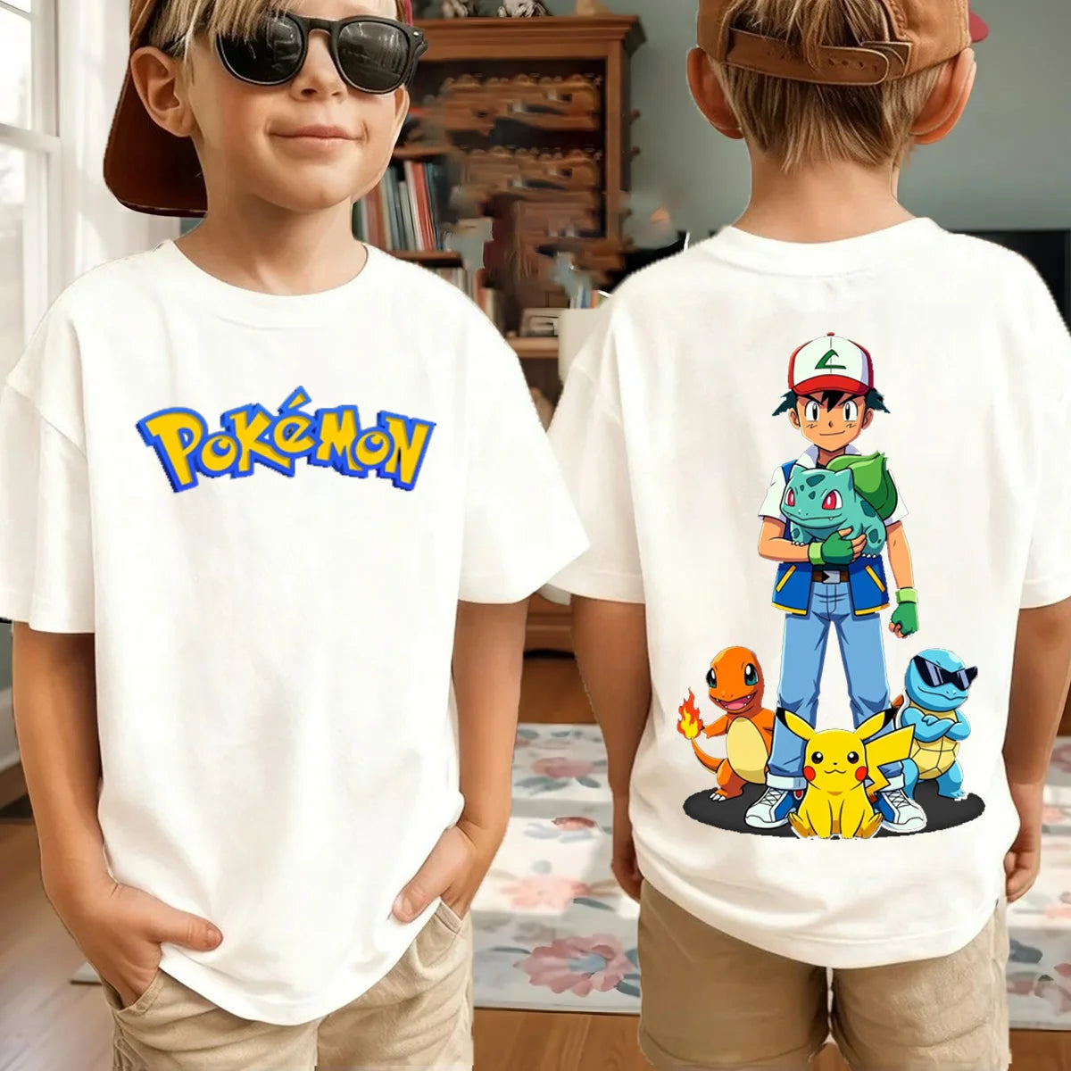 Summer Anime Pokémon Cosplay T-Shirt Cotton Short Sleeve Tops Casual Loose Retro T-Shirt Men Women Kids Family Matching Outfits