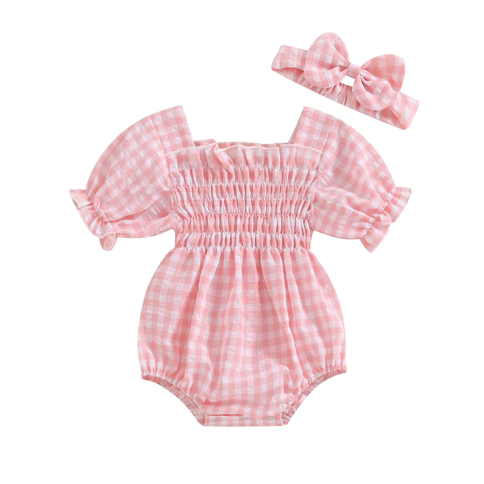 MERSARIPHY Baby Summer Clothes Newborn Infant Girl Smocked Pleated Romper Bubble Short Sleeve Bodysuit Outfits(Pink plaid6-9 Months)