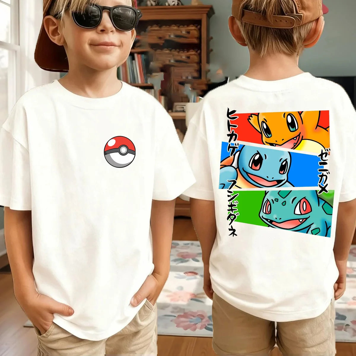 Summer Anime Pokémon Cosplay T-Shirt Cotton Short Sleeve Tops Casual Loose Retro T-Shirt Men Women Kids Family Matching Outfits