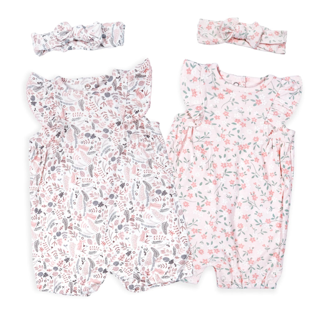 Minicoco Baby Girls Ruffled Sleeve Rompers Toddler Girls Jumpsuits One-Piece Cotton Outfits (Herbs + White and Pink Flowers 18-24 Months)