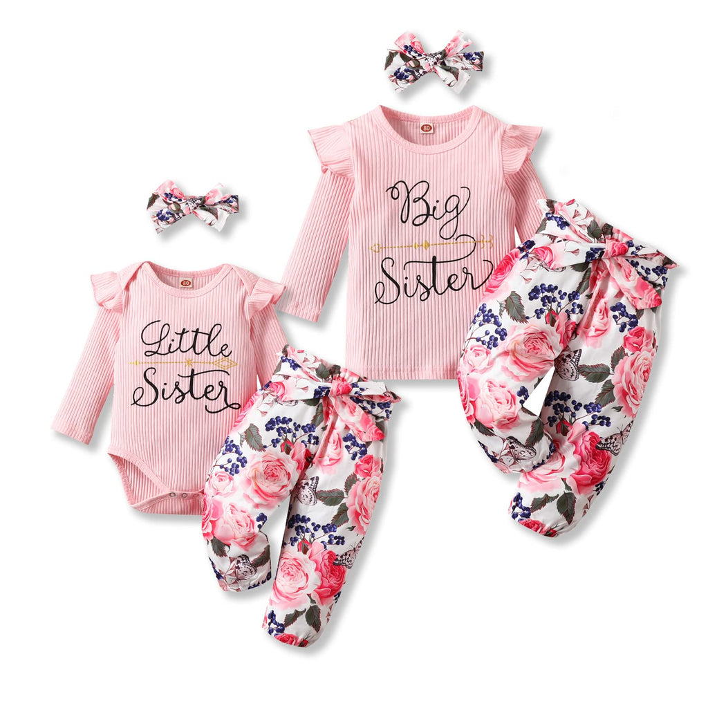 Newborn Baby Girl Clothes Big Sister Little Sister Matching Outfits Infant Romper Floral Pants Toddler Girls 3Pcs