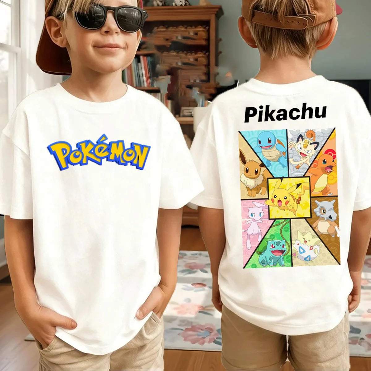 Summer Anime Pokémon Cosplay T-Shirt Cotton Short Sleeve Tops Casual Loose Retro T-Shirt Men Women Kids Family Matching Outfits