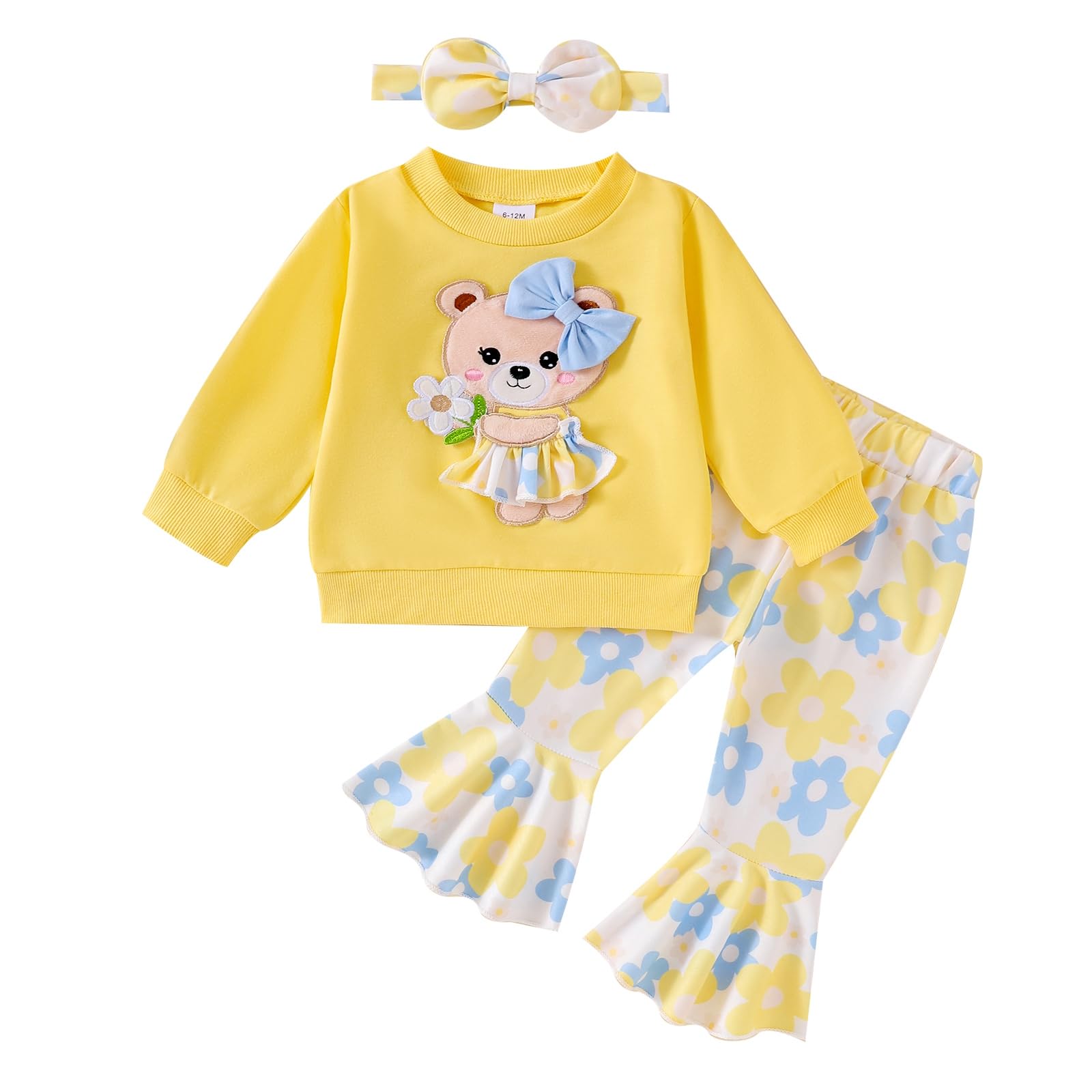 Madjtlqy Toddler Girl Clothes Long Sleeve Crewneck Sweatshirts Flare Pants Headband Cute Infant Baby Fall Winter Outfits (Yellow 2-3T)
