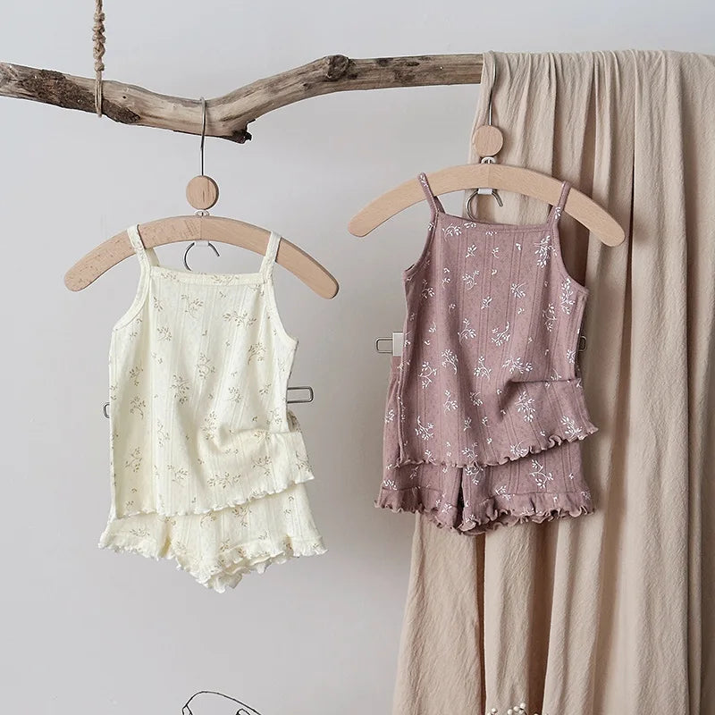 100% Cotton Kids Summer Clothing Sets Baby Girls Summer Korean Ruffled Sleeveless Knitted Suspender Floral 0-4Y Children Outfits