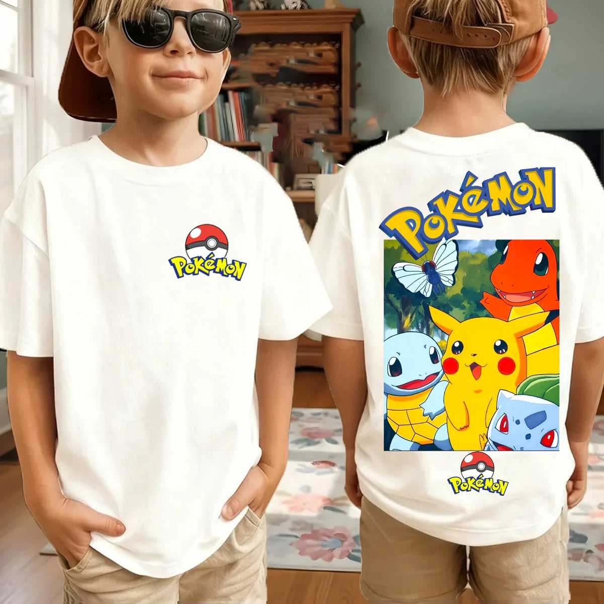 Summer Anime Pokémon Cosplay T-Shirt Cotton Short Sleeve Tops Casual Loose Retro T-Shirt Men Women Kids Family Matching Outfits