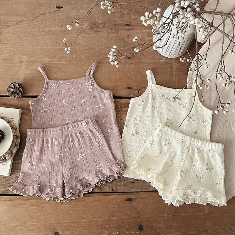 100% Cotton Kids Summer Clothing Sets Baby Girls Summer Korean Ruffled Sleeveless Knitted Suspender Floral 0-4Y Children Outfits