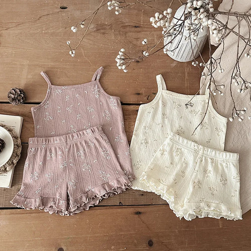 100% Cotton Kids Summer Clothing Sets Baby Girls Summer Korean Ruffled Sleeveless Knitted Suspender Floral 0-4Y Children Outfits