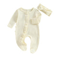 Newborn Baby Girl Coming Home Clothes Long Sleeve Jumpsuit and Headband Infant Fall Winter Outfits (Creamy 3-6 Months)