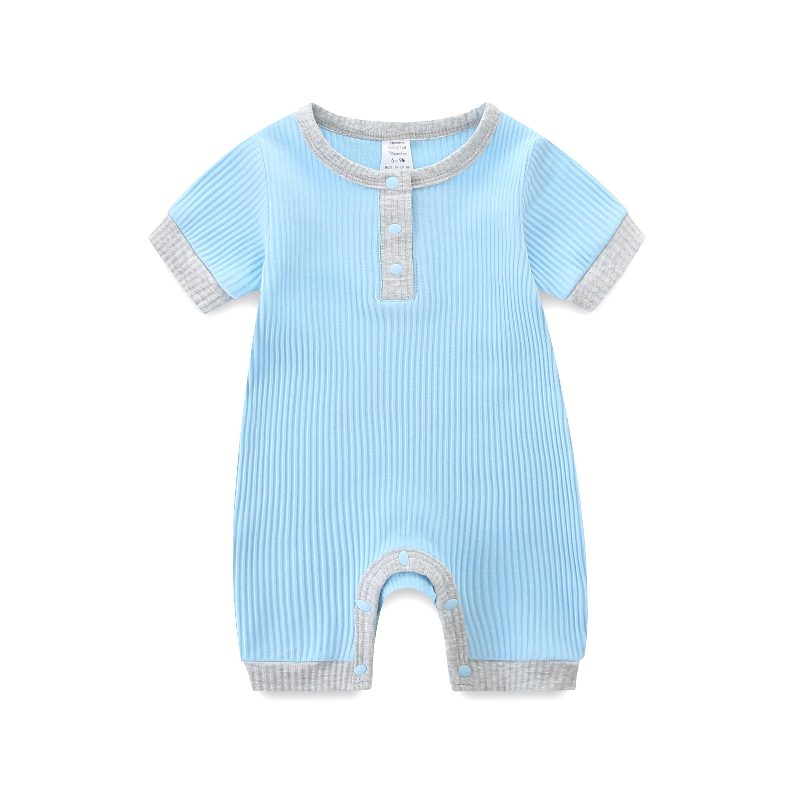 Newborn Knitted One Piece Baby Summer Button Romper Outfits Clothes 9-12 Months Sky Blue with Light Grey