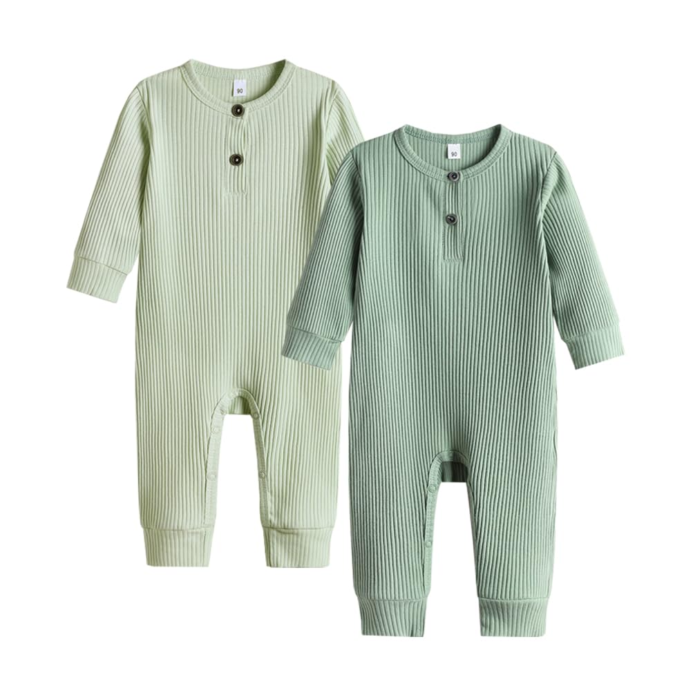 Bafeicao Baby Boy Girl 2 Pack Solid Romper Ribbed Long Sleeve Bodysuit Jumpsuit Infant Knitted Outfits Clothes Cyan+Green 0-3M
