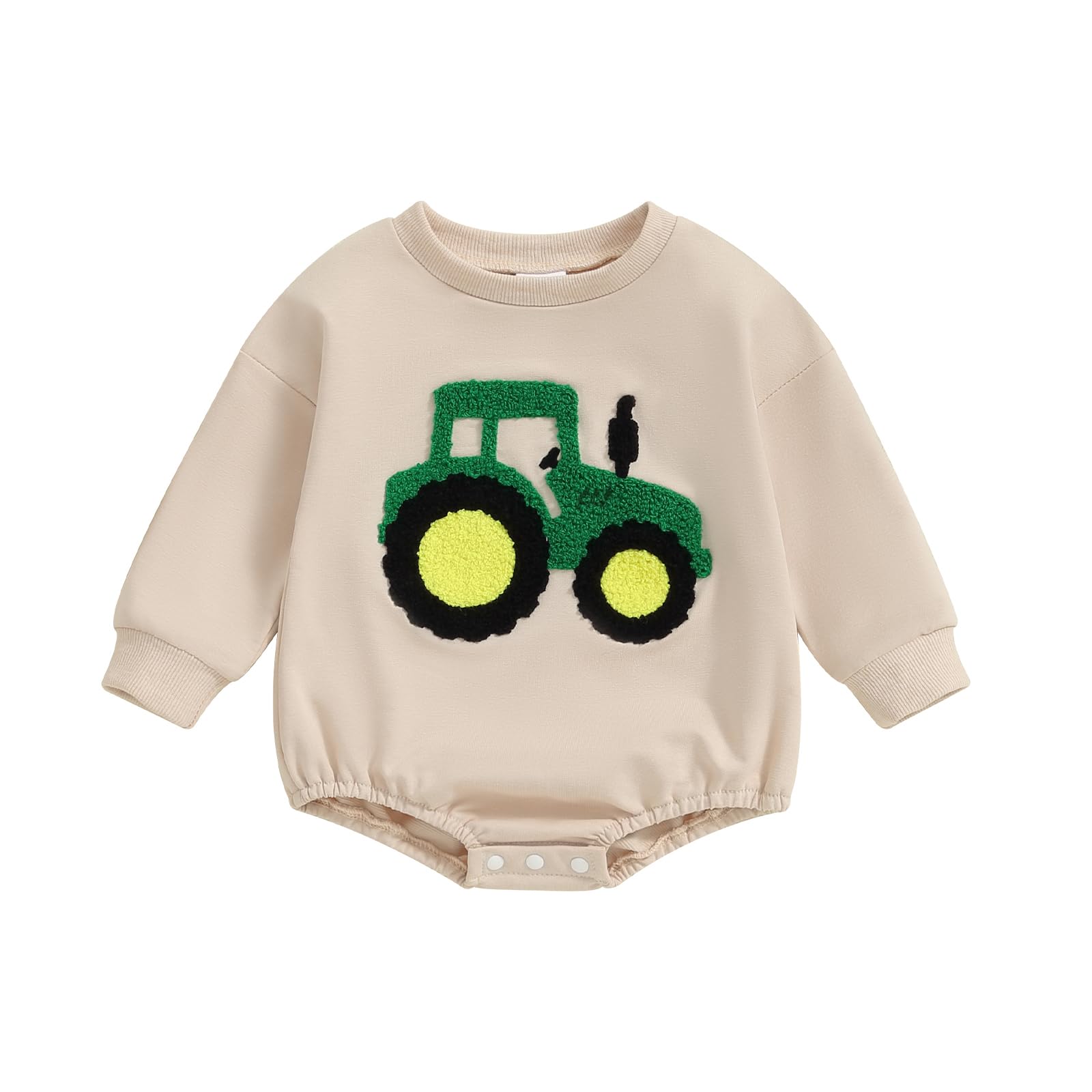 Frietlebird Infant Baby Boy Fall Winter Clothes Outfits Oversized Sweatshirt Romper Long Sleeve Bubble Romper Baby Boy Romper (A-Beige Tractor Embroidery3-6 Months)
