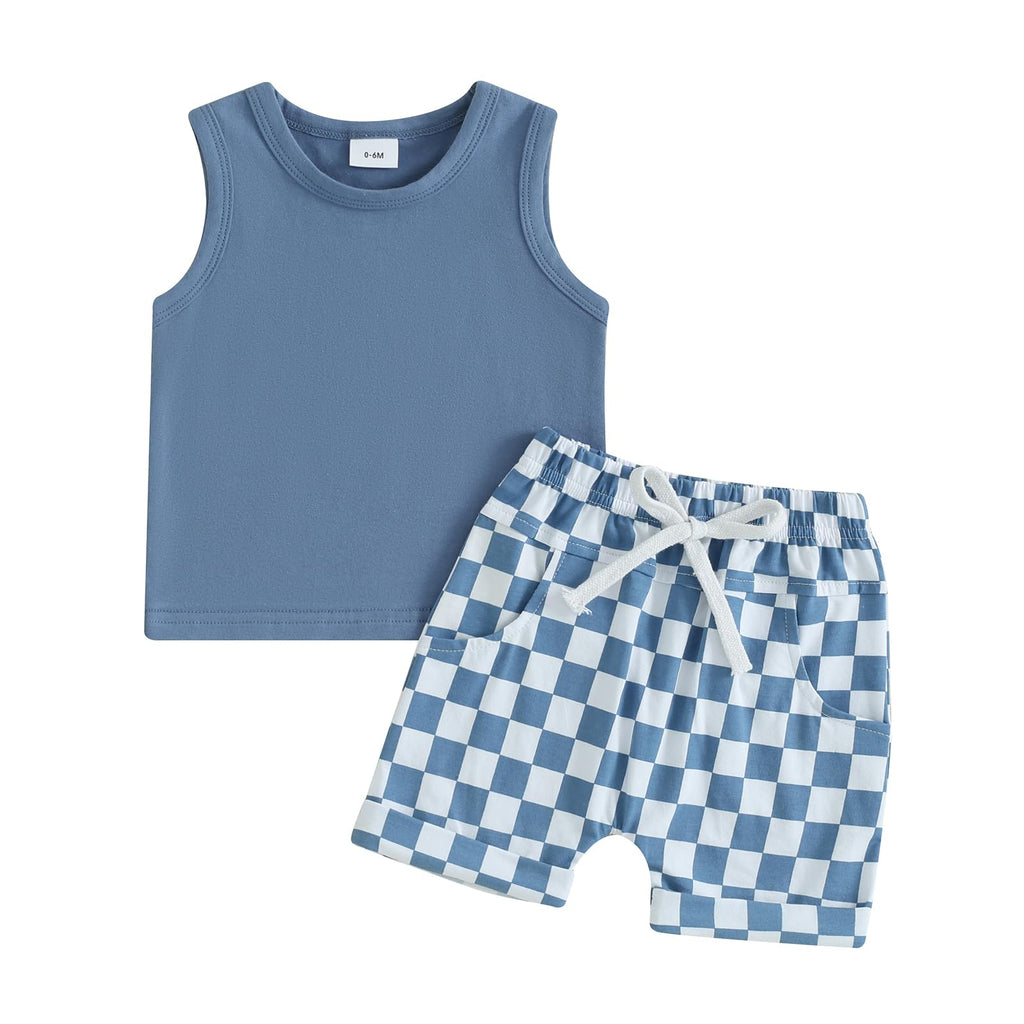 Kupretty Baby Boy Summer Clothes Sleeveless Tank Tops Vest T-Shirt + Casual Checkerboard Shorts Toddler Outfits Set (Checkered Shorts-Blue 0-6 Months)
