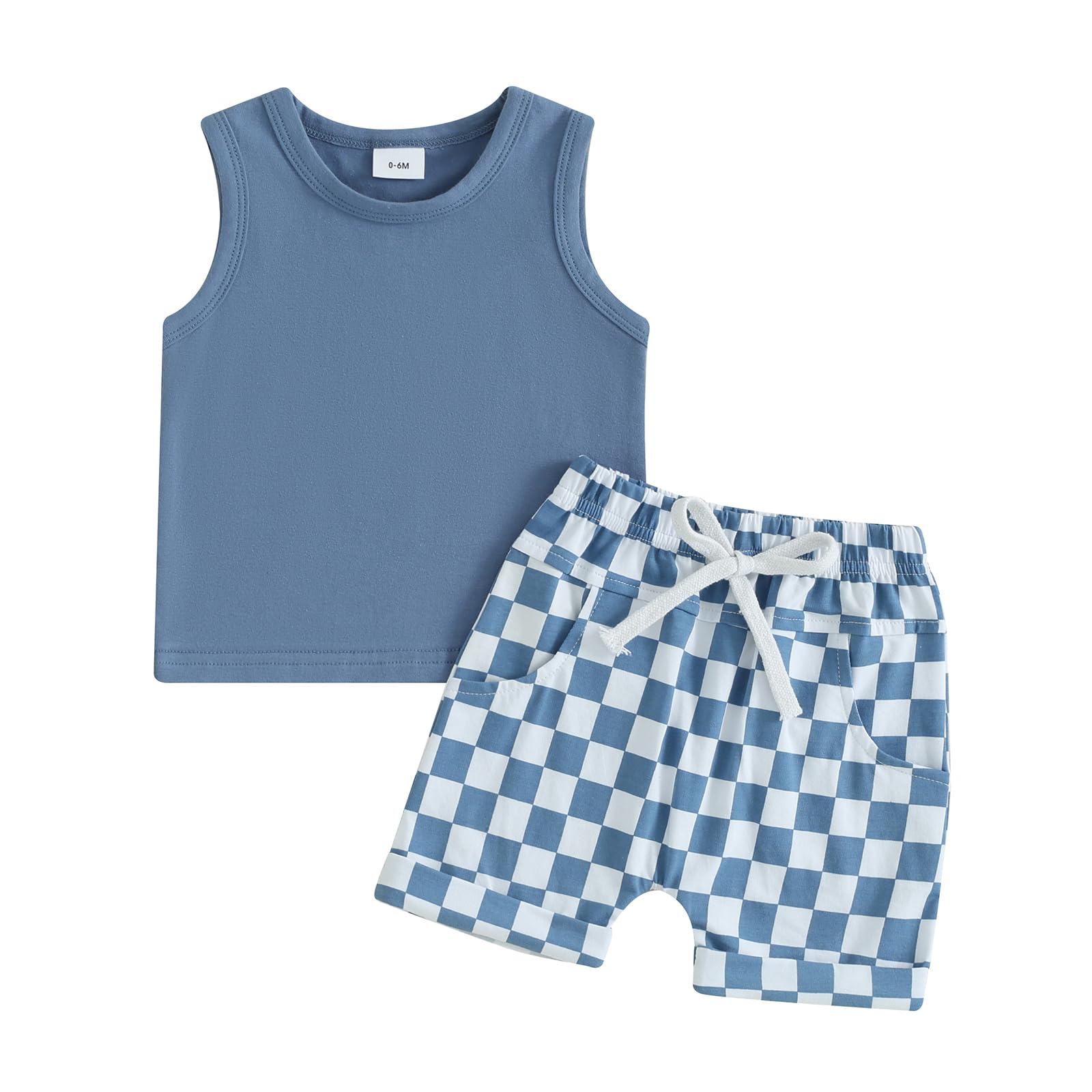 Kupretty Baby Boy Summer Clothes Sleeveless Tank Tops Vest T-Shirt + Casual Checkerboard Shorts Toddler Outfits Set (Checkered Shorts-Blue 0-6 Months)